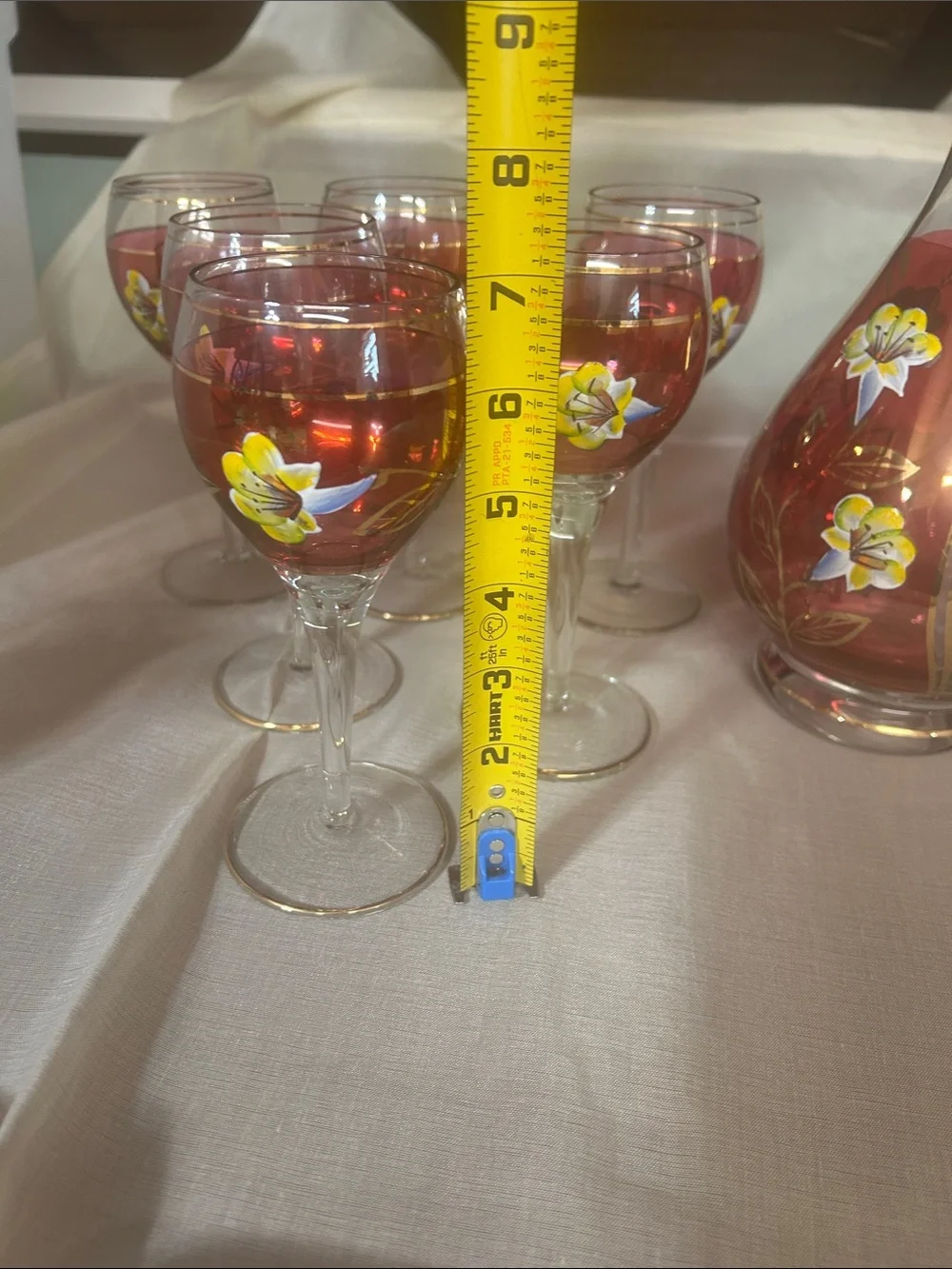 Vintage Hand Painted Glass decanter and Glasses